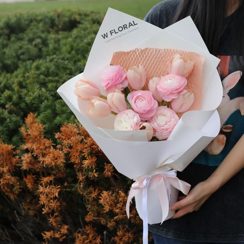 Blush Haze Bouquet - Ranunculus Hanoi &amp; Holland Peach Tulip