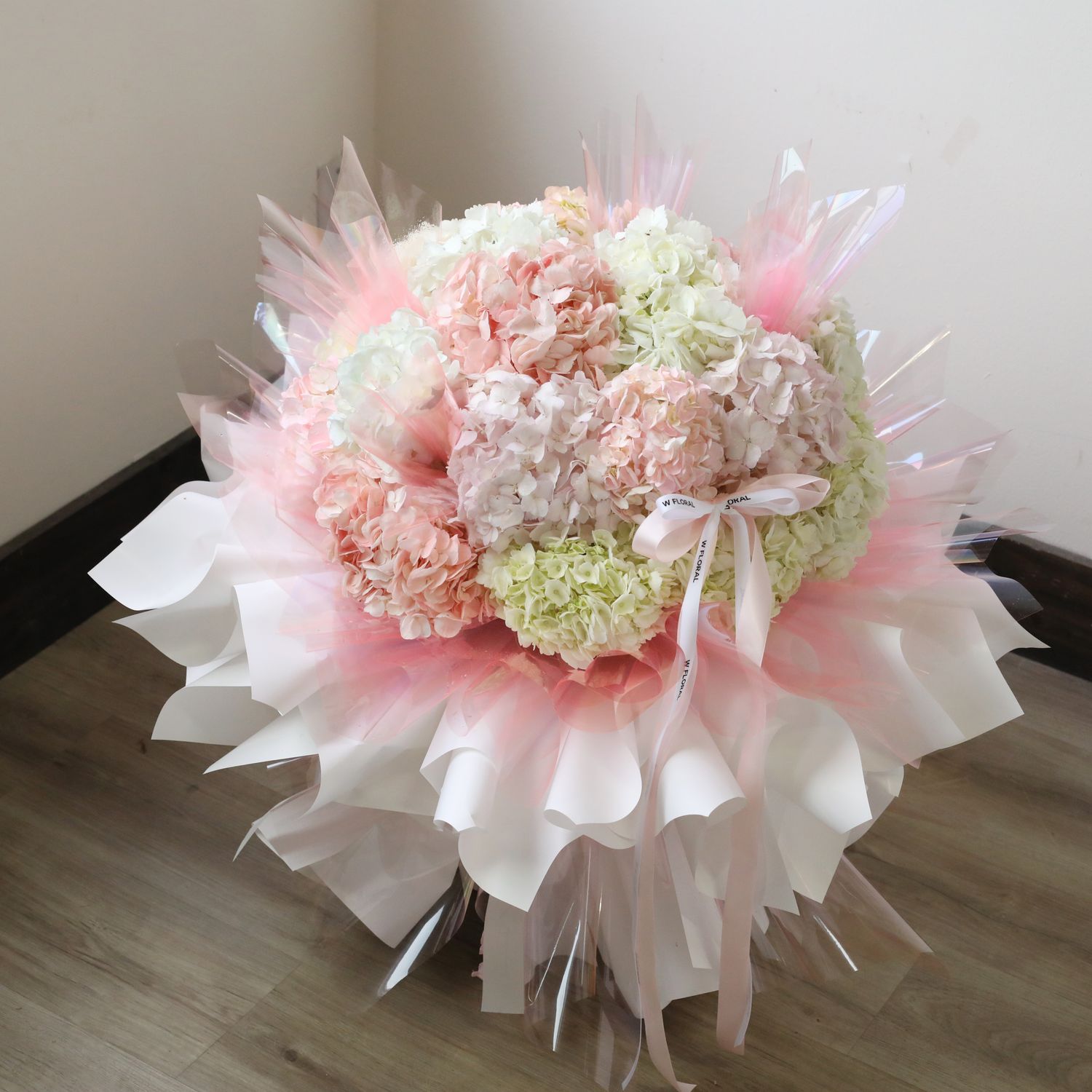 Pink and white hydrangea bouquet by W Floral Studio