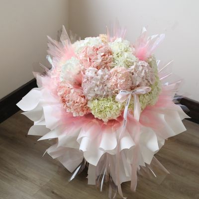Pink and white hydrangea bouquet by W Floral Studio
