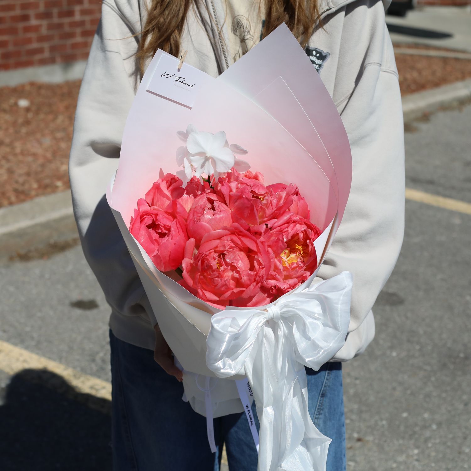 Silky Canelé Coral Sunset Peony &amp; Orchid Bouquet