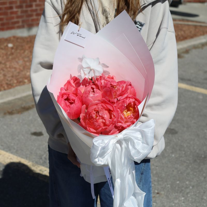 Silky Canelé Coral Sunset Peony &amp; Orchid Bouquet