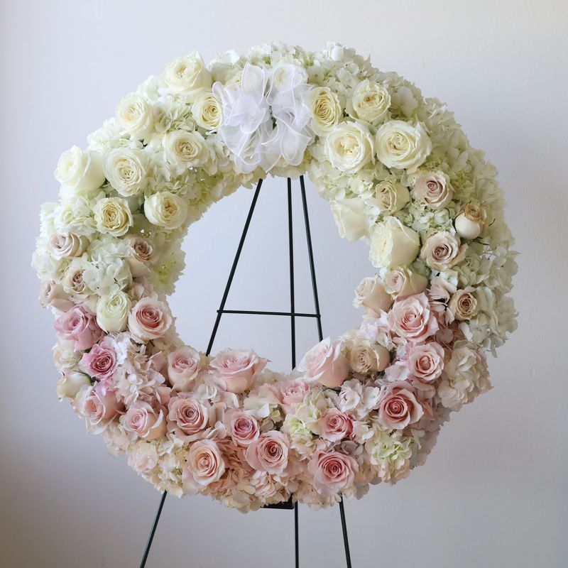 Blush hydrangea and rose sympathy wreath by W Floral Studio
