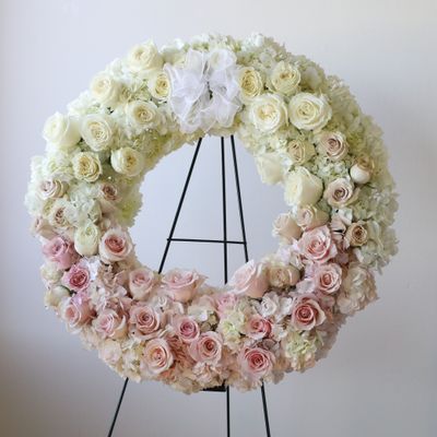 Blush hydrangea and rose sympathy wreath by W Floral Studio