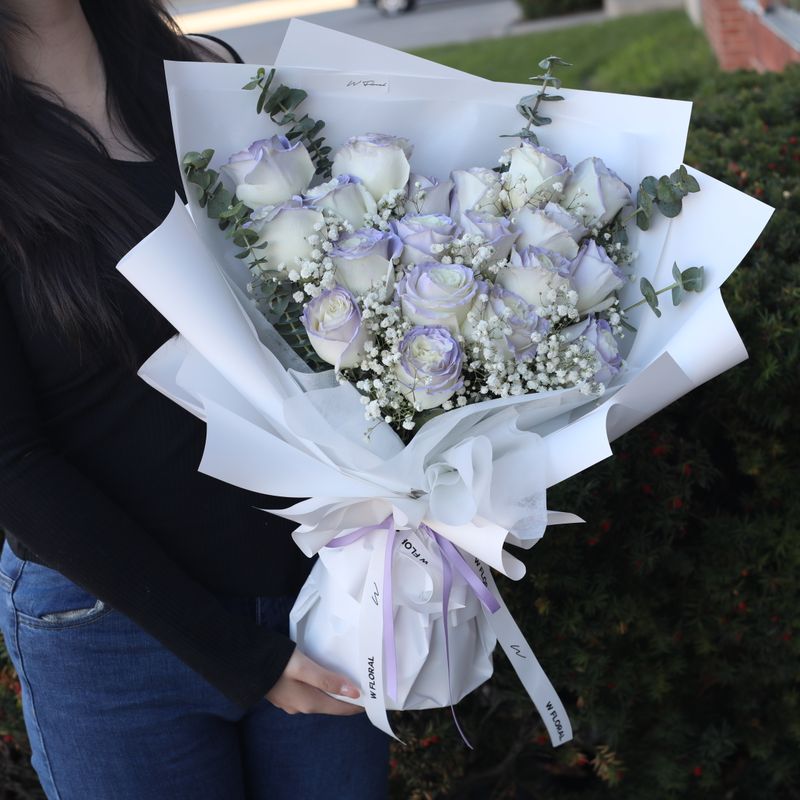 19 Icy Lavender rose bouquet with spray-tinted purple roses