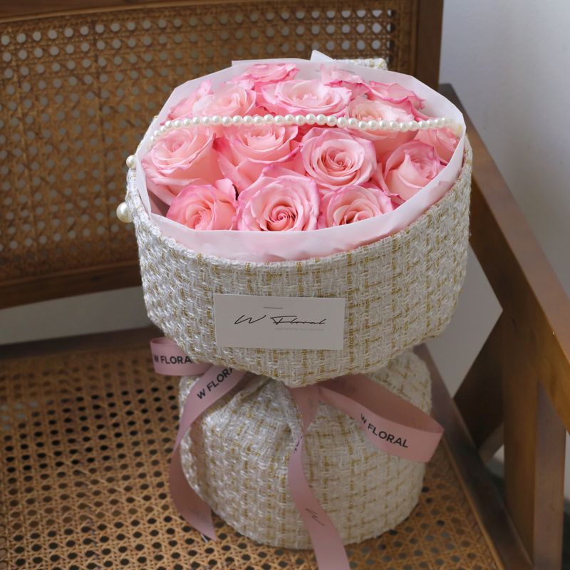 Tweed and pearl Rhoslyn rose round bouquet by W Floral Studio Toronto