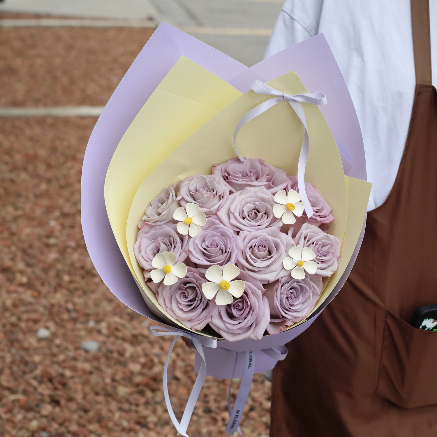 Buttercup and lavender rose bouquet by W Floral Studio