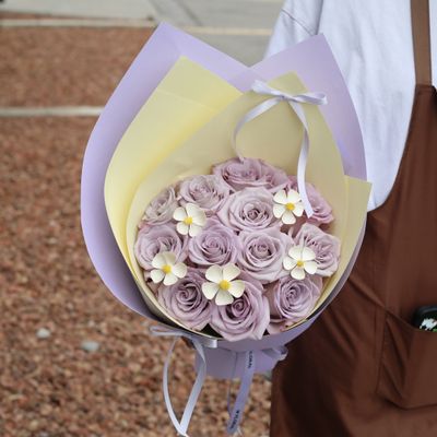 Buttercup and lavender rose bouquet by W Floral Studio