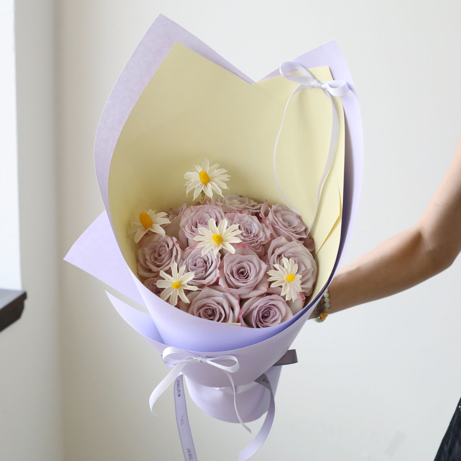 Buttercup and lavender rose bouquet by W Floral Studio