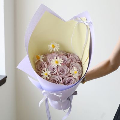 Buttercup and lavender rose bouquet by W Floral Studio