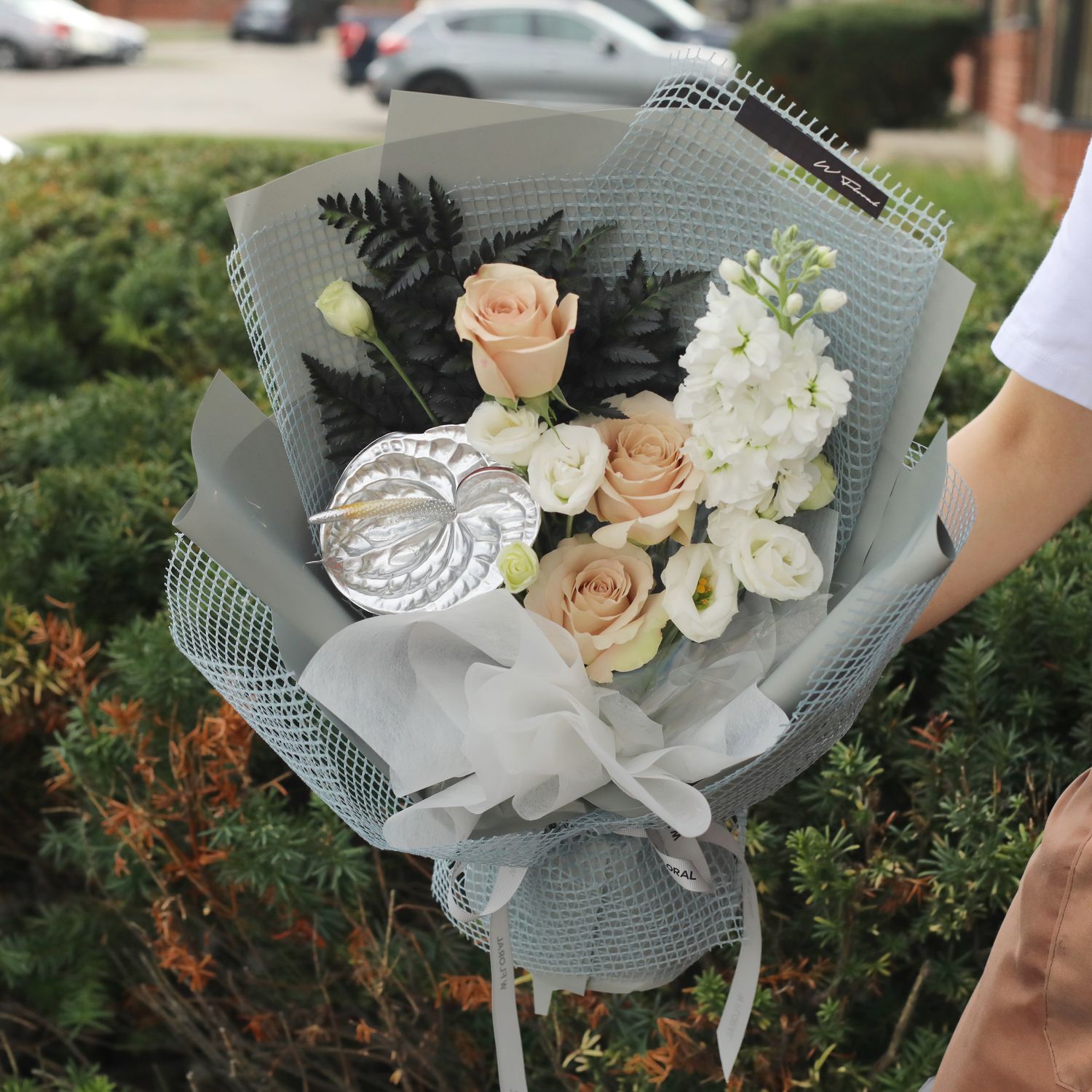 Yurae Grey Muse blush rose bouquet with grey wrapping by W Floral Studio Toronto
