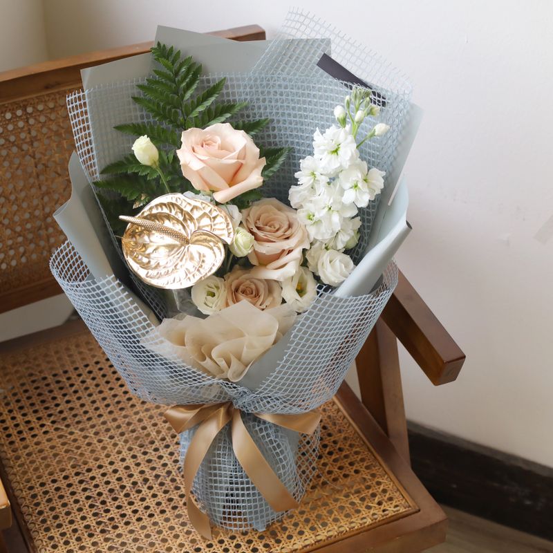 Yurae Grey Muse blush rose bouquet with grey wrapping by W Floral Studio Toronto