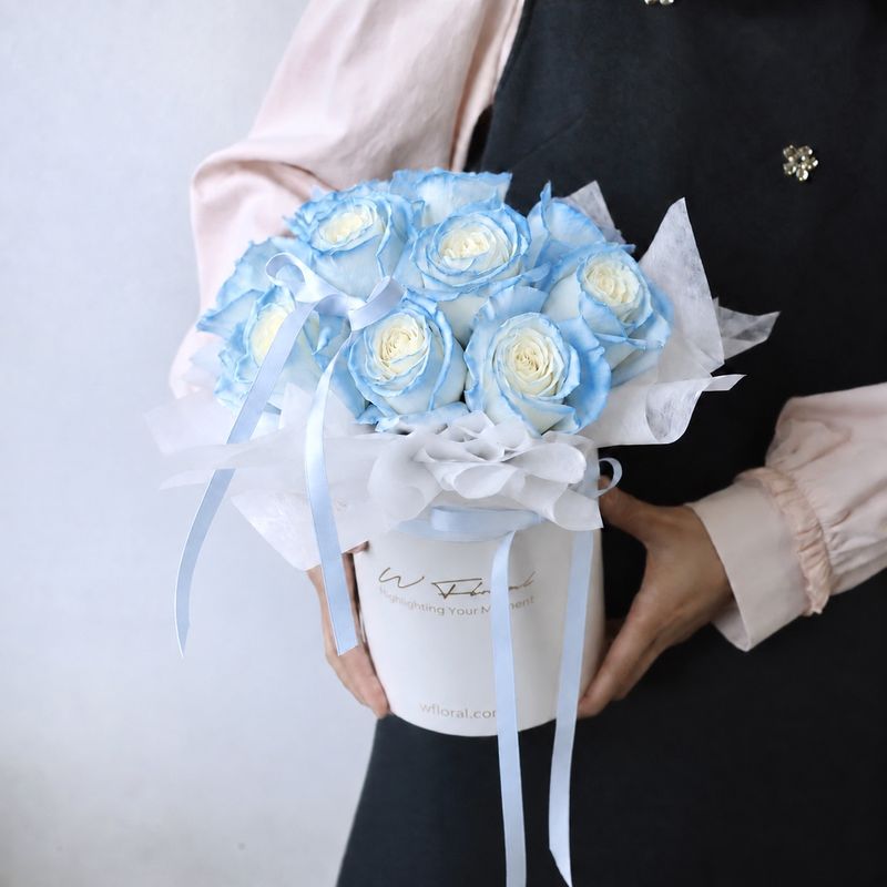 Icy blue rose flower box with premium light blue roses by W Floral Studio Toronto
