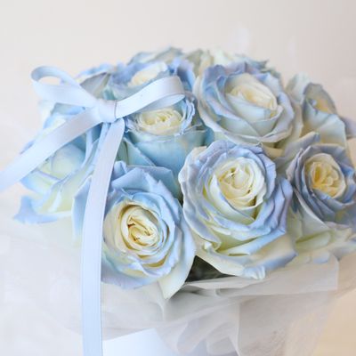 Icy blue rose flower box with premium light blue roses by W Floral Studio Toronto
