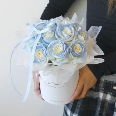 Icy blue rose flower box with premium light blue roses by W Floral Studio Toronto
