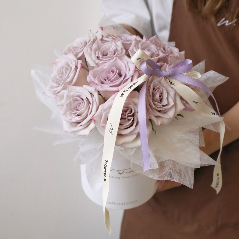 Lavender rose flower box with premium purple roses by W Floral Studio Toronto