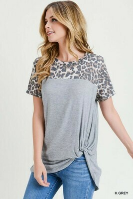 Solid knit top with leopard print yoke