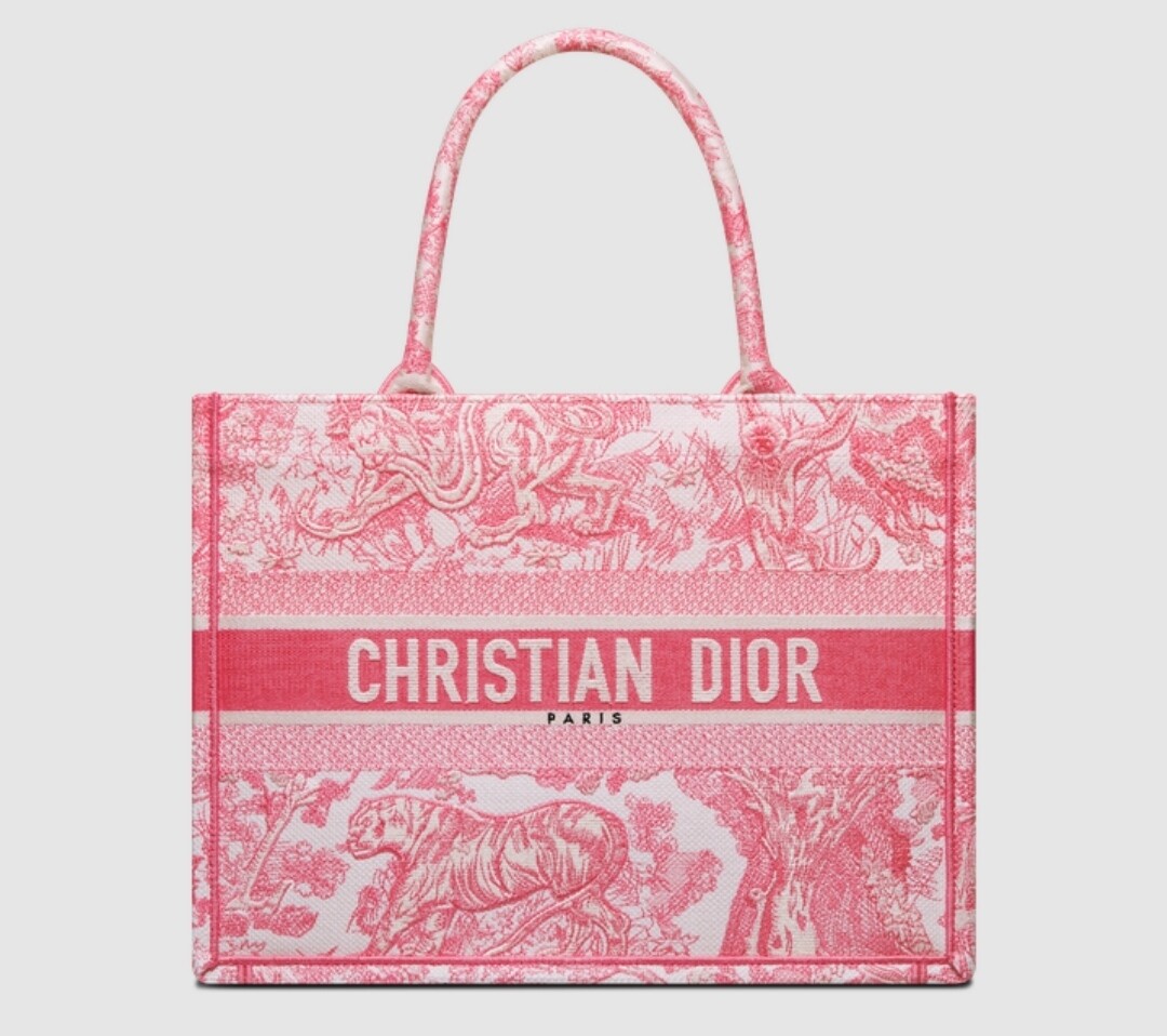 BORSA CHRISTIAN DIOR BOOK TOTE MEDIA RICAMO TOILE DE JOUY ROSA PEONIA FIRMA  'CHRISTIAN DIOR'