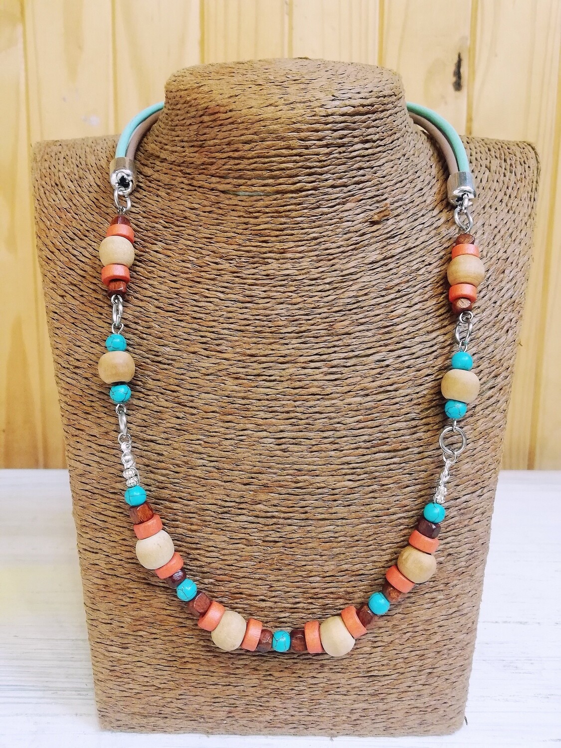 Wood Leather & Turquoise Necklace