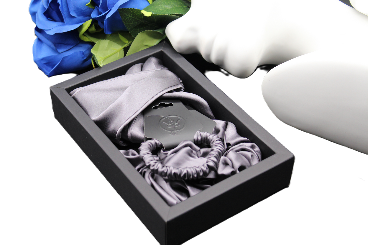 Luxury 100% Mulberry Silk Hair Set (Grey) – Gift Box Edition (3 Scrunchie Sizes + Stylish Alice Band)