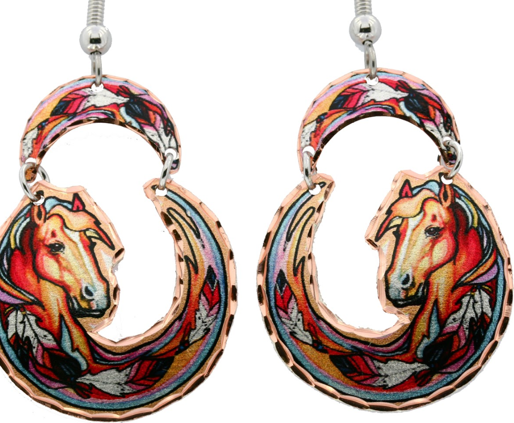 HORSE DANGLE FEATHER COPPER EARRINGS LDM-276