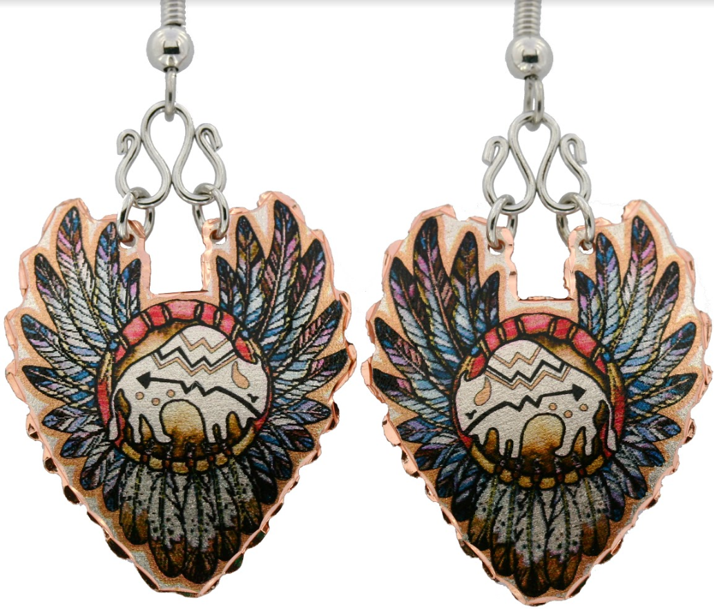 NATIVE INDIAN BUFFALO AND FEATHERS EARRINGS LDM-231