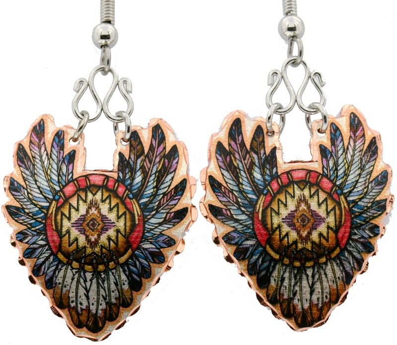 NATIVE INDIAN FEATHERS COPPER DANGLE EARRINGS LDM-233