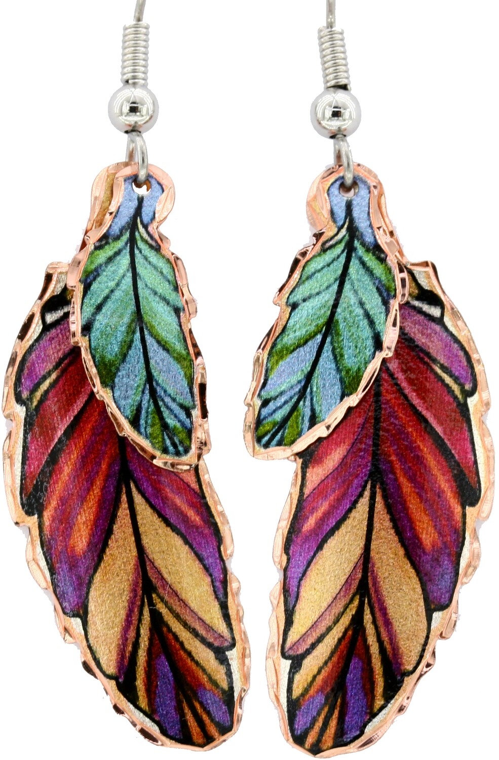 GREEN AND RED COPPER FEATHERS DANGLE EARRINGS YM-108