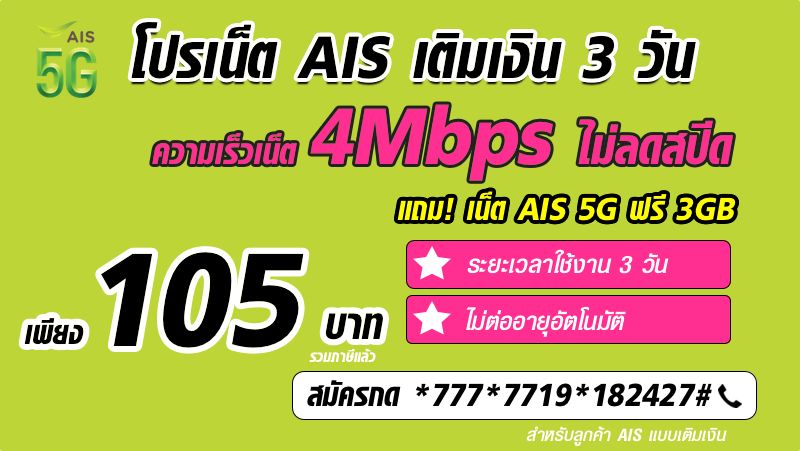 โปรเน็ต AIS 3 วัน ไม่ลดสปีด 4Mbps แถมเน็ต AIS 5G ฟรี 3GB เพียง 105 บาท