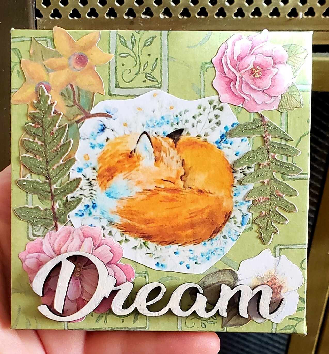4&quot; by 4&quot; DREAM,Sweet Sleeping Fox,Quote Mixed Media Wall Art,Plaque,Inspirational Unique gift