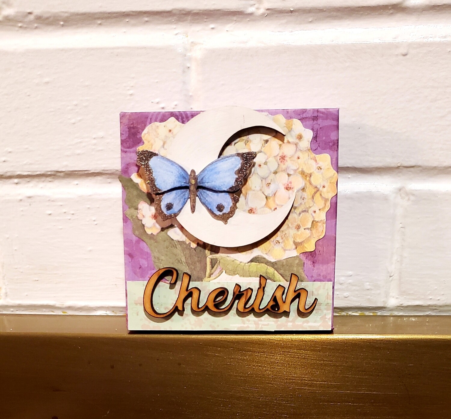 4&quot; by 4&quot; CHERISH,Moon and butterfly and flowers,Quote Mixed Media Wall Art,Plaque,Inspirational Unique gift