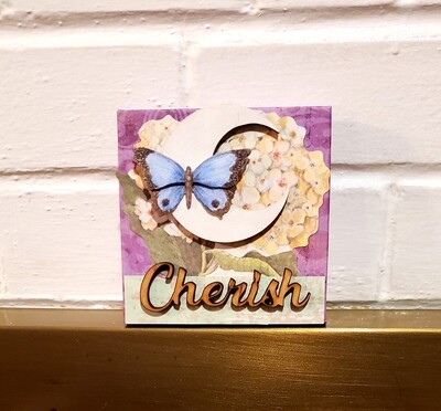 4&quot; by 4&quot; CHERISH,Moon and butterfly and flowers,Quote Mixed Media Wall Art,Plaque,Inspirational Unique gift