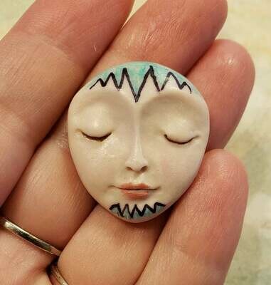 CALMING NOISE Polymer Clay face Cabochon,Flat back bead,1 1/8&quot;x1&quot;,handmade supply,beige,focal,no hole,art beads,cabochons,mosaic