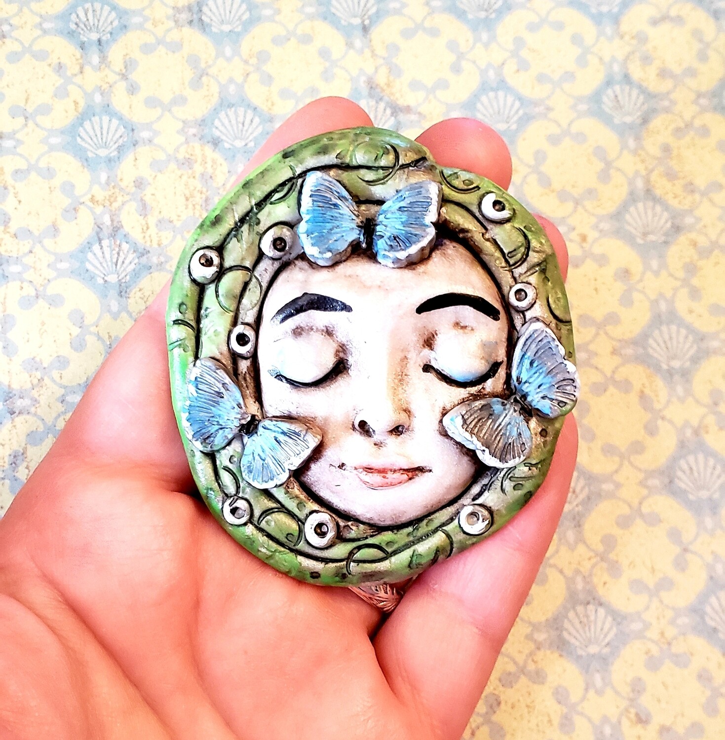 LARGE Polymer Clay face Cabochon,Flat back bead,handmade supply,focal bead,no hole,art bead