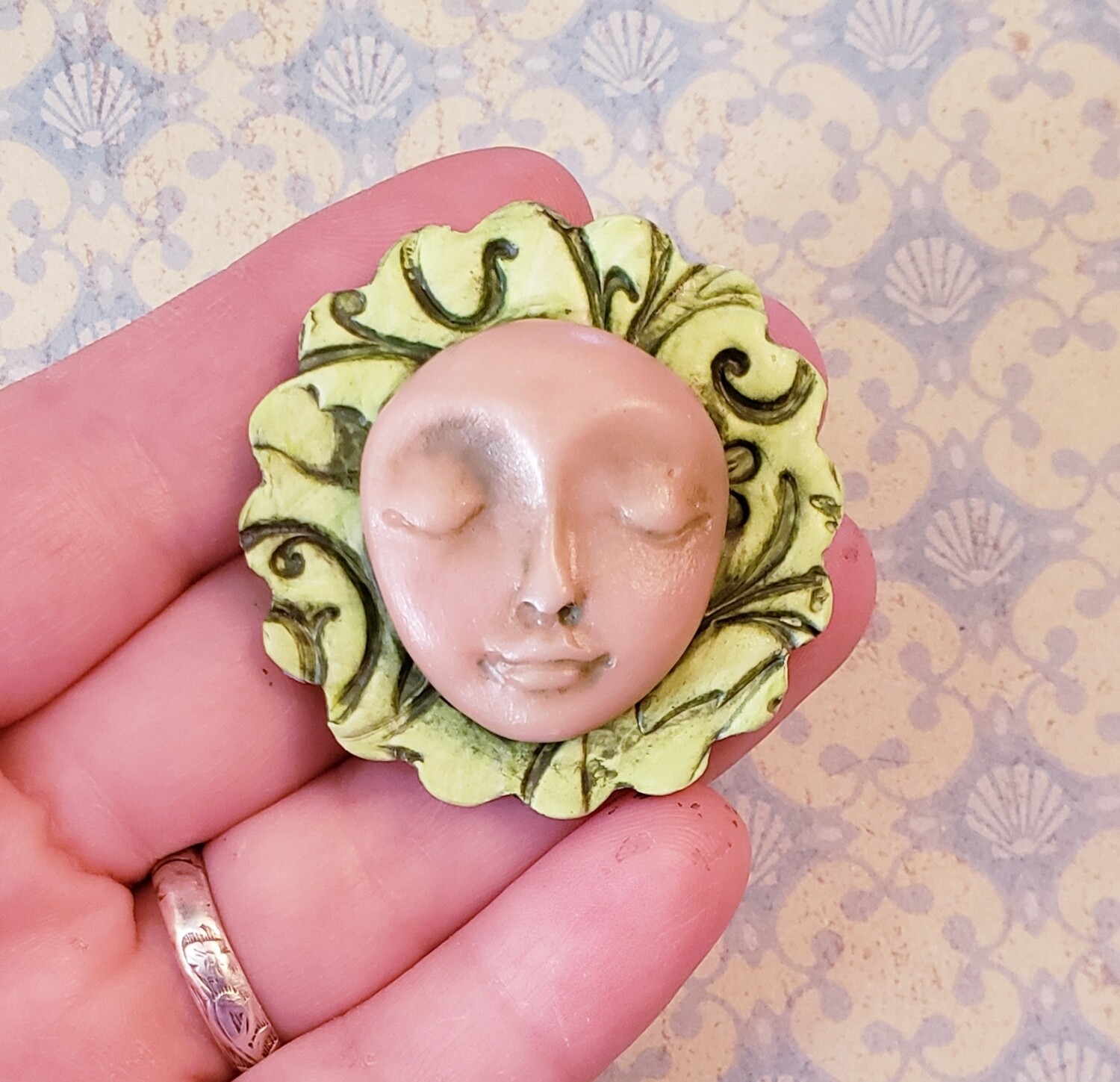 LARGE Polymer Clay face Cabochon,Flat back bead,handmade supply,focal bead,no hole,art bead