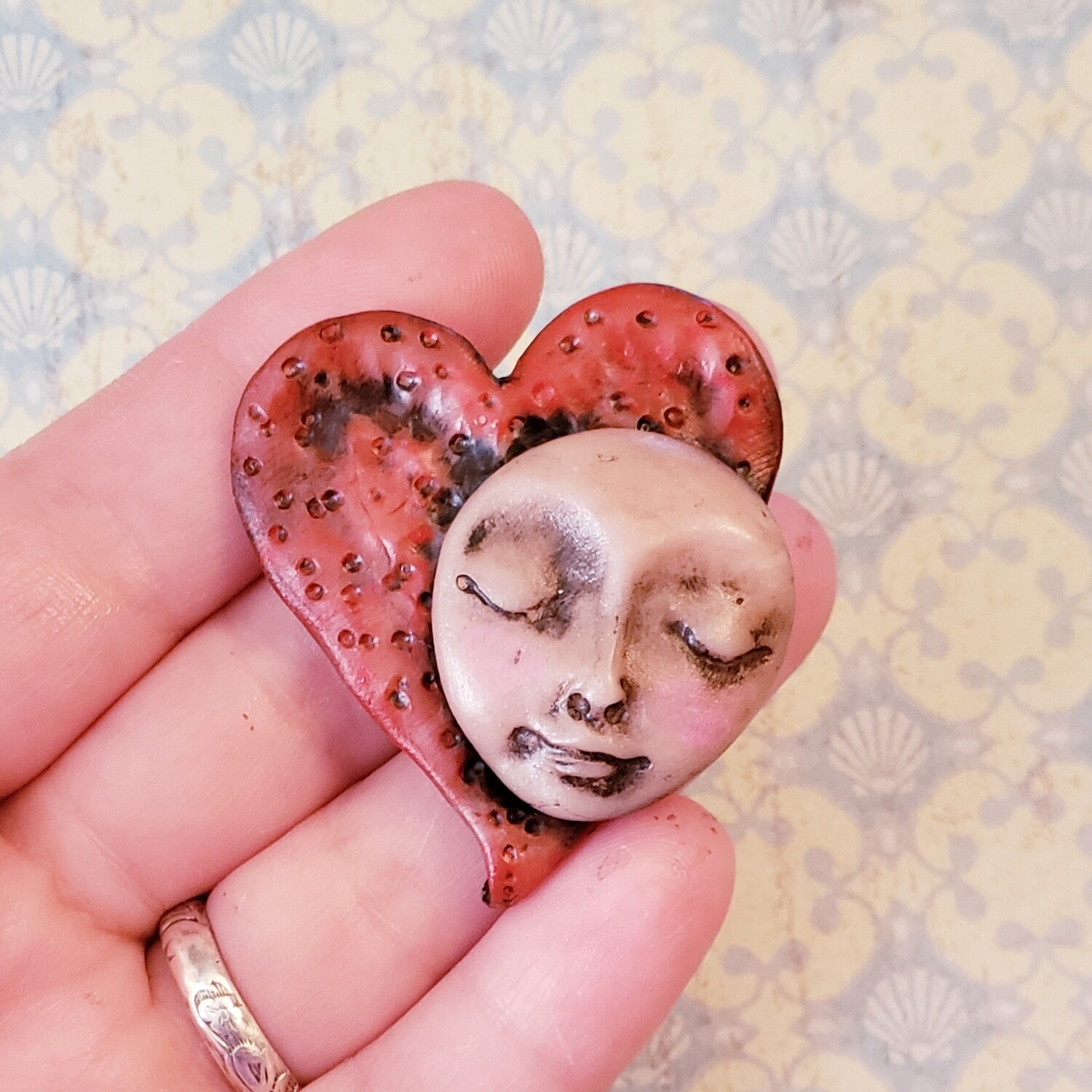 LARGE Polymer Clay face Cabochon,Flat back bead,handmade supply,focal bead,no hole,art bead