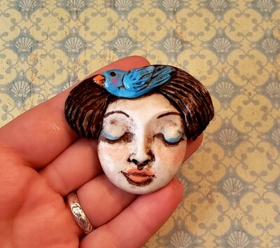LARGE Polymer Clay face Cabochon,Flat back bead,handmade supply,focal bead,no hole,art bead