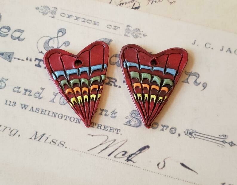 FUN RAINBOW Heart beads,set of 2,handmade supply,1 5/8&quot; by 1 1/4&quot;,focal bead,polymer clay,earring,front hole