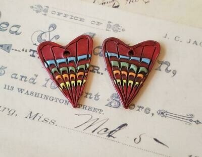 FUN RAINBOW Heart beads,set of 2,handmade supply,1 5/8&quot; by 1 1/4&quot;,focal bead,polymer clay,earring,front hole