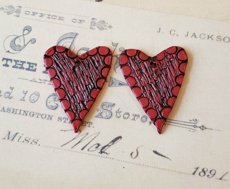 TEXTURED Heart beads,set of 2,handmade supply,1 5/8&quot; by 1 1/4&quot;,focal bead,polymer clay,earring,front hole