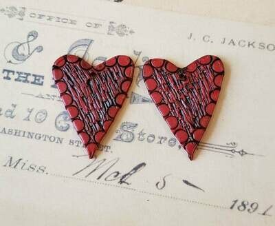 TEXTURED Heart beads,set of 2,handmade supply,1 5/8&quot; by 1 1/4&quot;,focal bead,polymer clay,earring,front hole