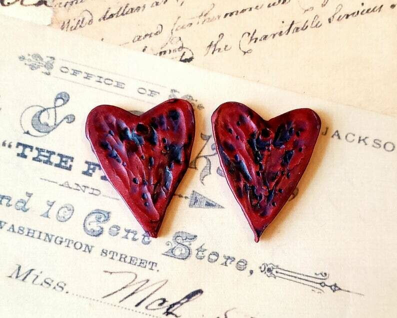 SINGED Heart beads,set of 2,handmade supply,1 5/8&quot; by 1 1/4&quot;,focal bead,polymer clay,earring,front hole
