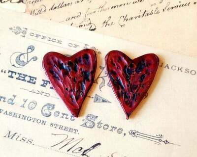 SINGED Heart beads,set of 2,handmade supply,1 5/8&quot; by 1 1/4&quot;,focal bead,polymer clay,earring,front hole