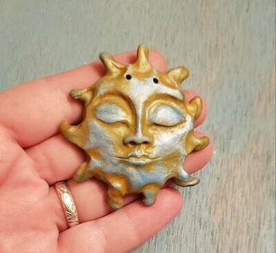 BIG BLUE SUN FACE FOCAL BEAD Polymer Clay Face Cabochon,2 1/8&quot;,large focal,bead,art doll,bead,Front hole,jewelry