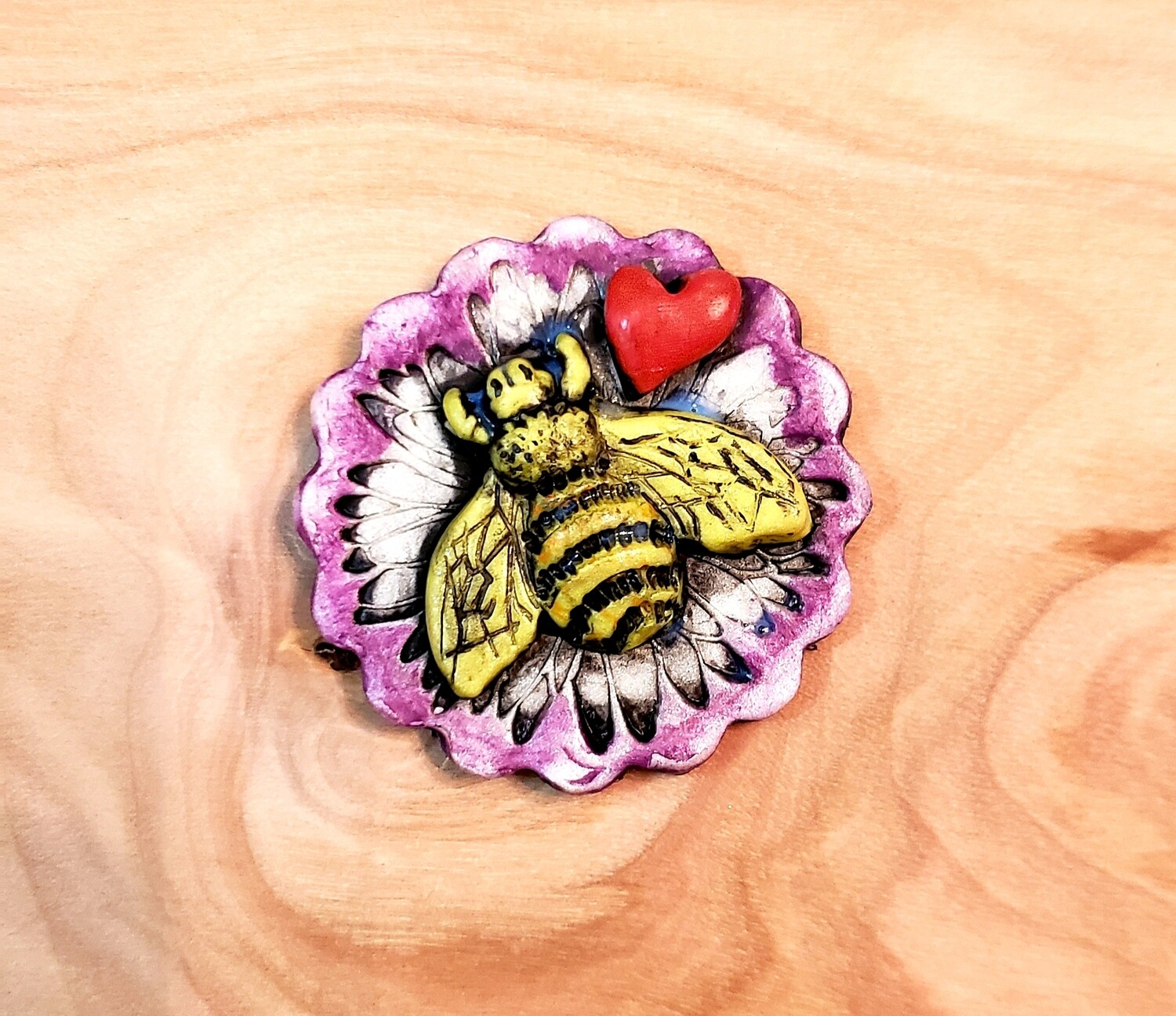 BEE LOVED Polymer Clay Cabochon,bee heart flower bead,TILE,handmade supply,focal bead,no hole,art bead