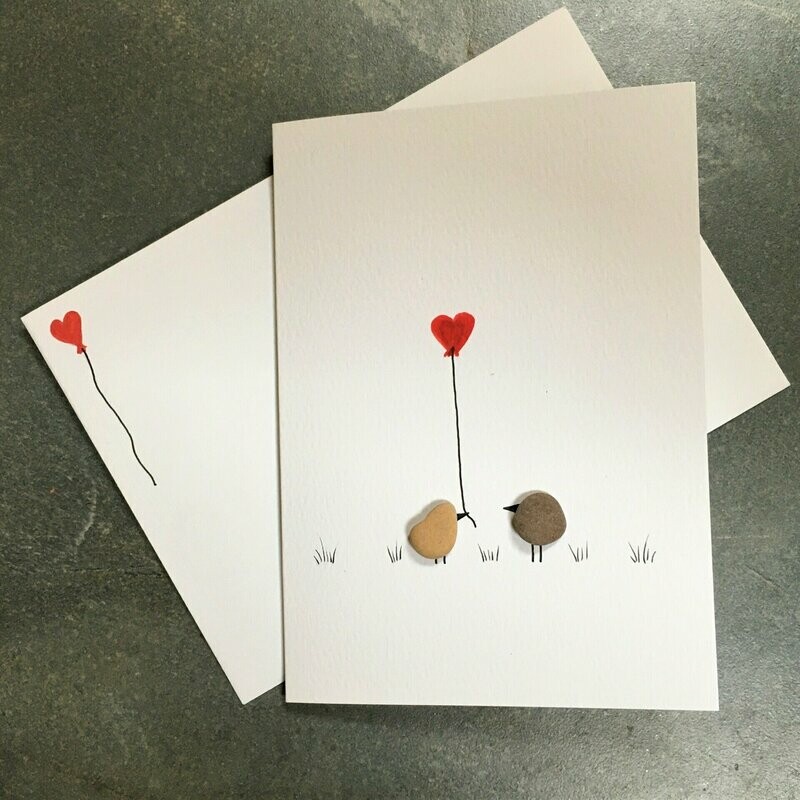 Greetings Card - Birds and heart balloon, hand painted
