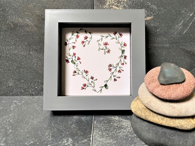 Pebble art - Heart hand frame picture  with splash of sea glass