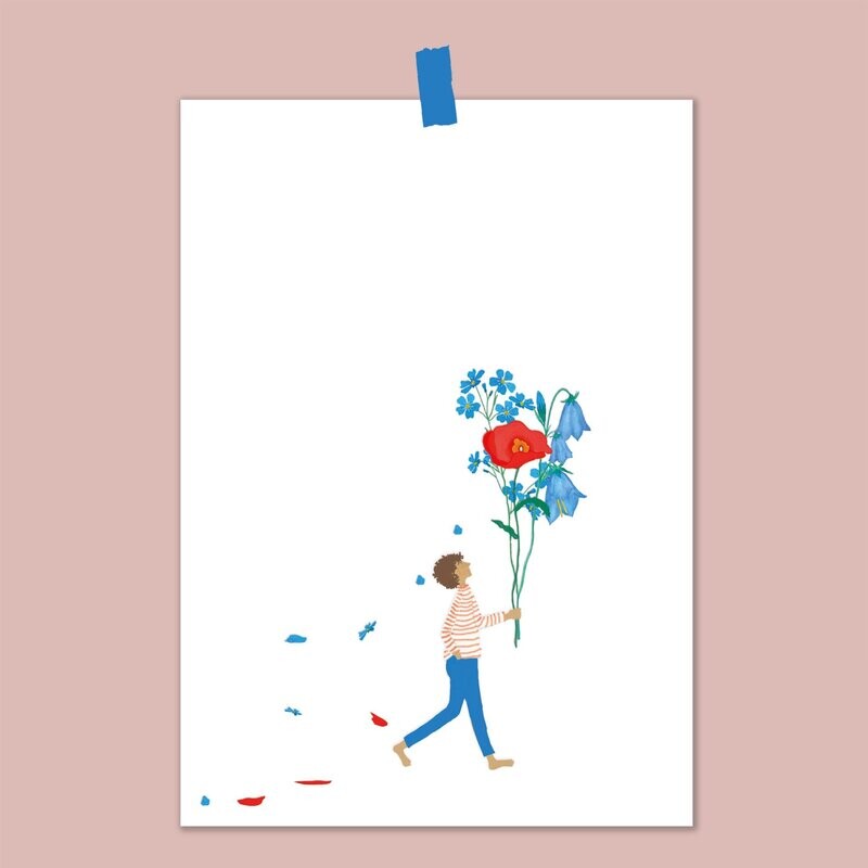Print - Blumenjunge - Glockenblume, Vergissmeinnicht, Klatschmohn -  Posterdruck DIN A5