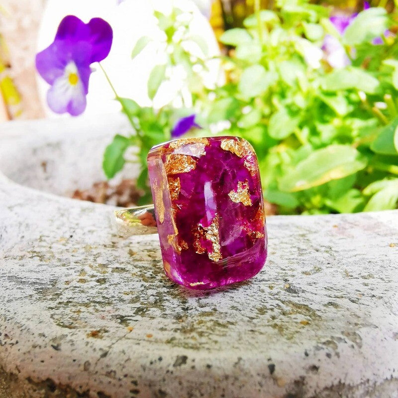 Bougainvillea & Gold Leaf Ring
