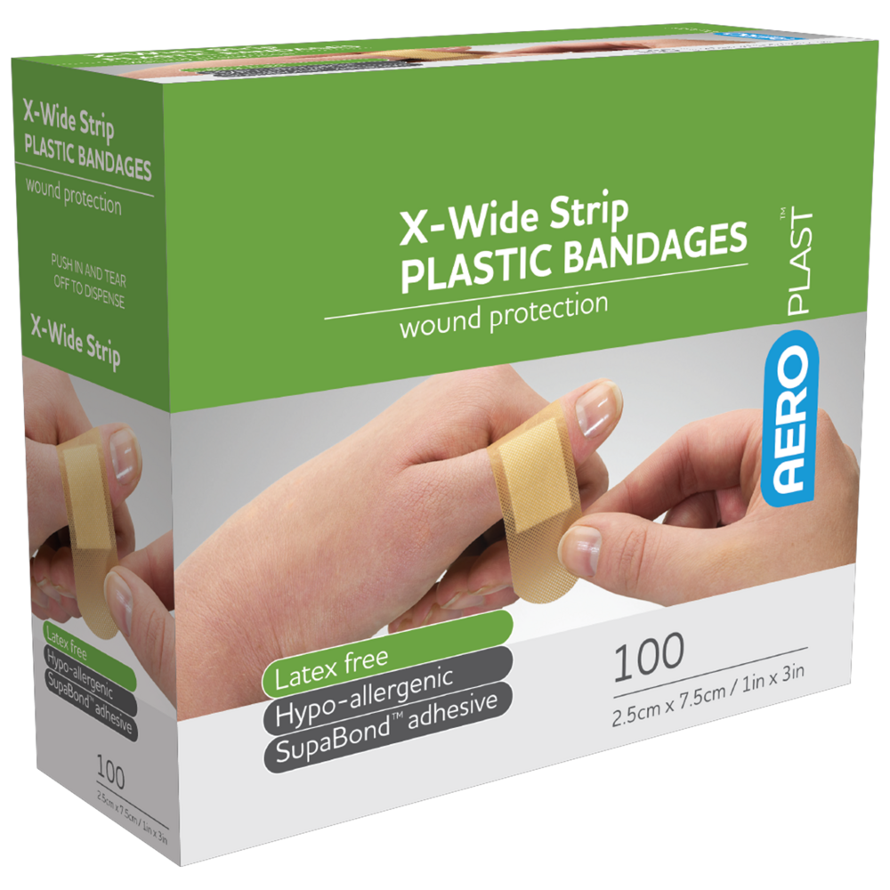 AEROPLAST Plastic X-Wide Strip 7.5 x 2.5cm Box/100 x 12 (Minimum Order)