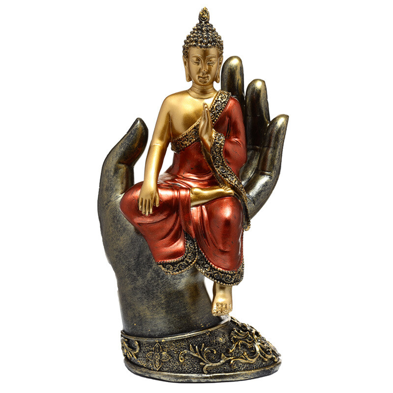 Decorative Thai Buddha Figurine - Gold and Red Sitting in a Hand BUD363